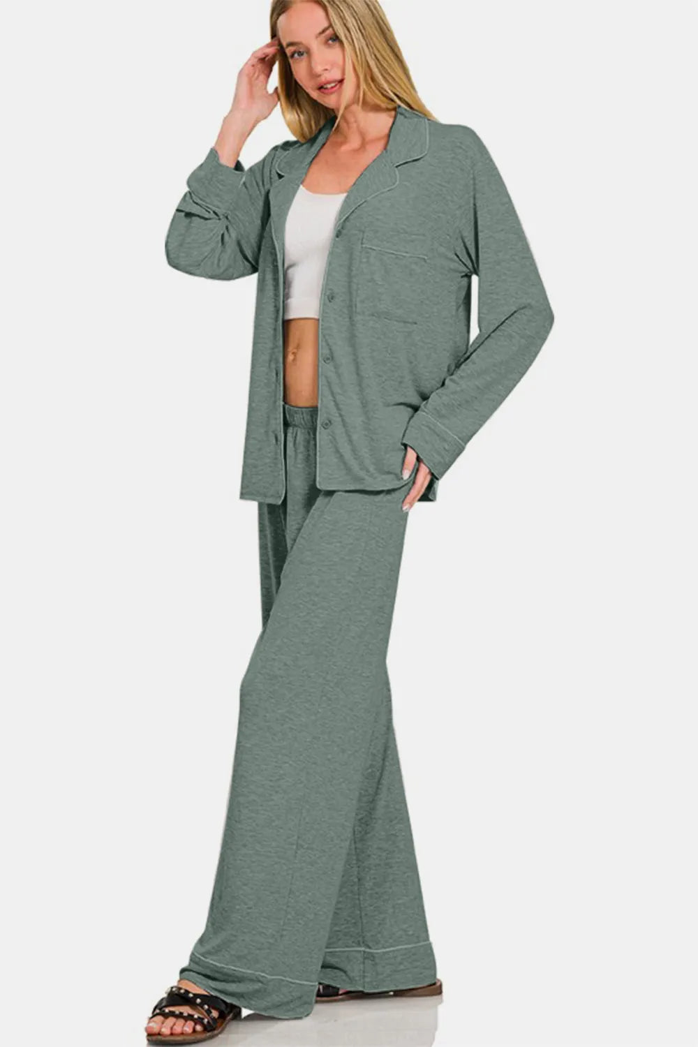 Zenana Button Down Long Sleeve Top and Pants Lounge Set Secondary image